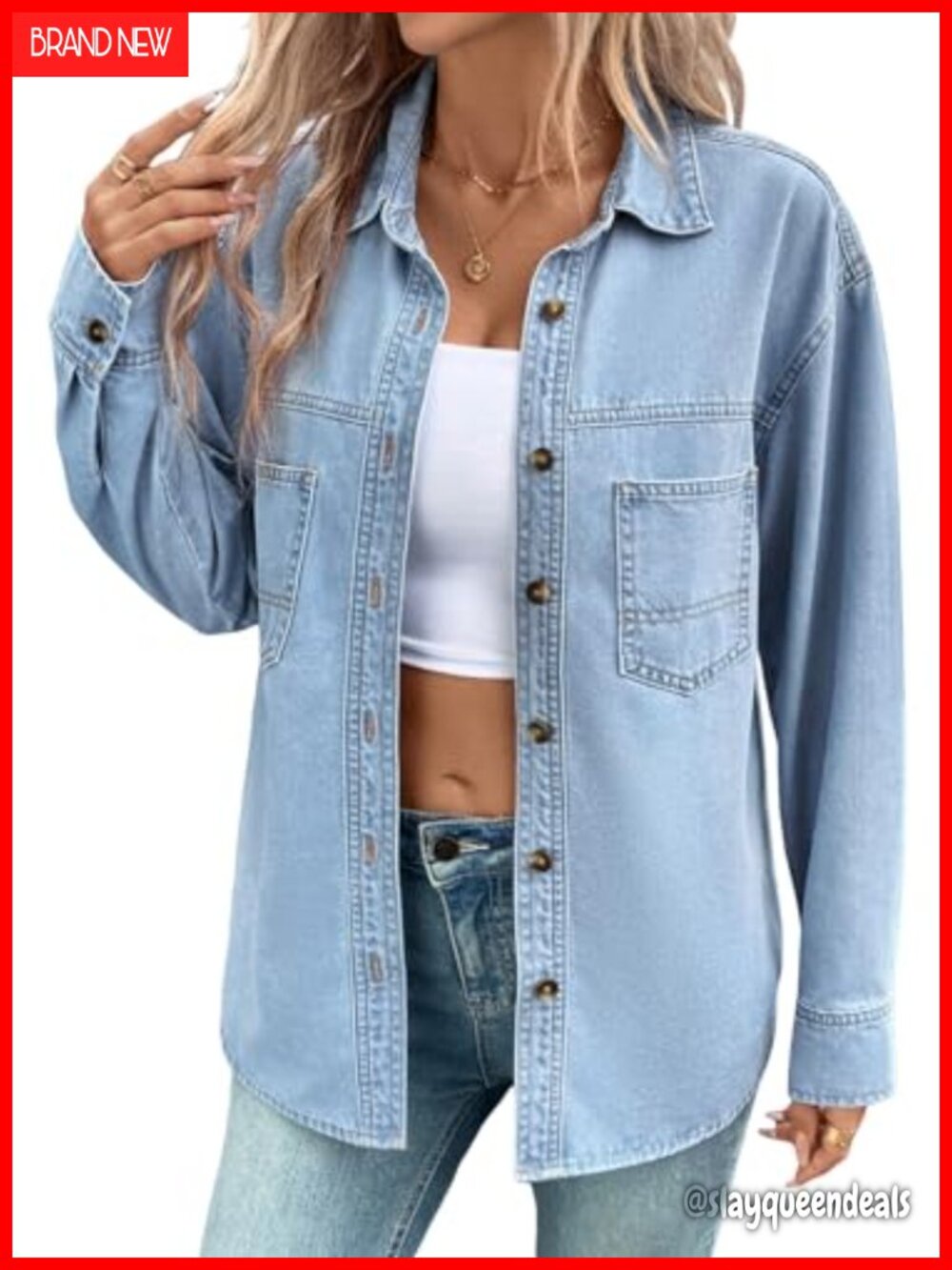 Women's Oversized Denim Button Down Long Sleeve Blouse Shirt